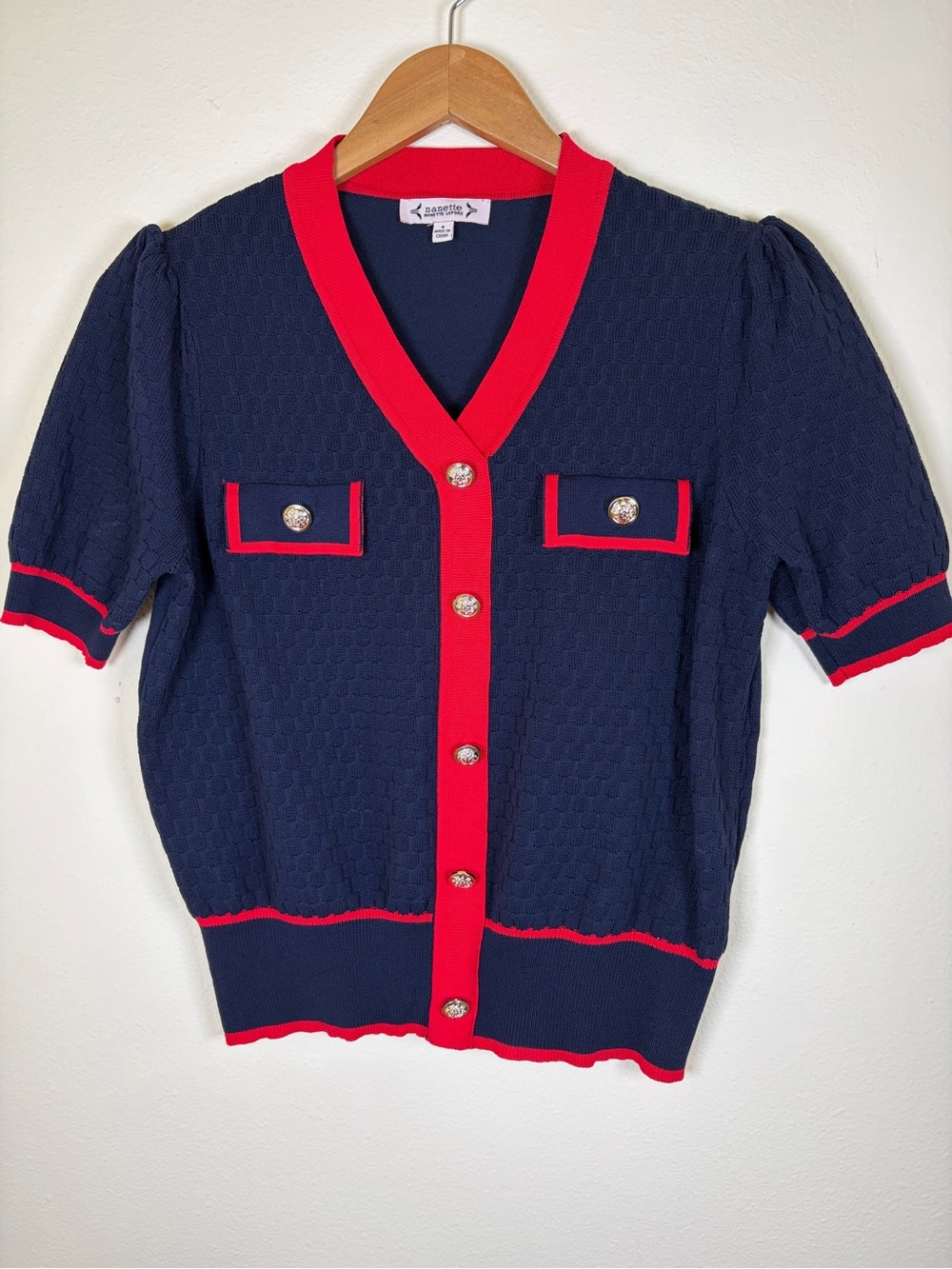 Nanette Lepore Navy Red Trim Knit Gold Buttons Puff Sleeve Preppy Chic S